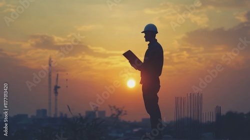 Silhouette of a confident engineer standing onsite overseeing construction against a blurred site and natural background