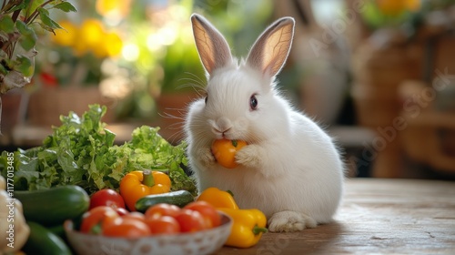 Adorable white rabbit munching on colorful vegetables in a vibrant garden set...