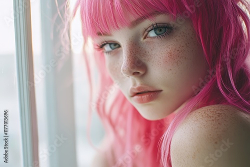 Portrait of a young woman with pink hair and freckles in soft natural light, exuding a youthful and trendy aesthetic.