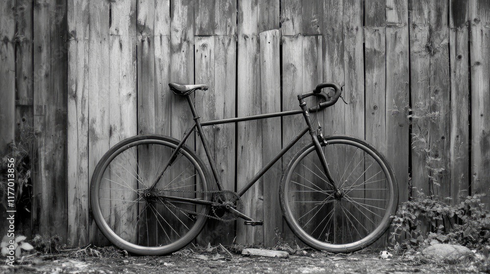 Single-speed bike leaning on a rustic wooden fence Single-speed bike leaning on a rustic wooden fence