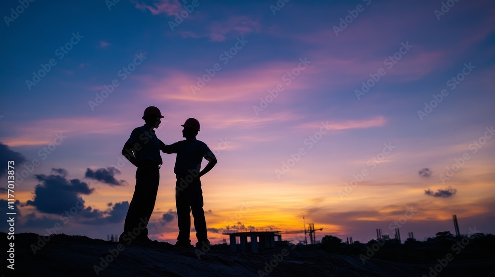 Obraz premium Silhouette of engineer and worker reviewing a project onsite with a sunset backdrop