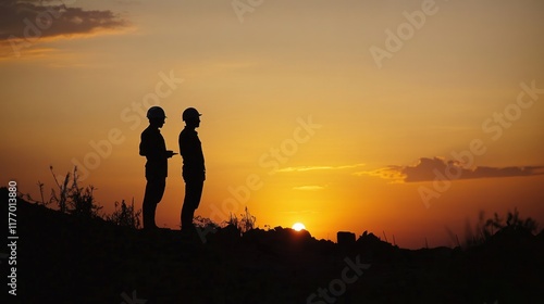 Silhouette of engineer and worker reviewing a project onsite with a sunset backdrop photo