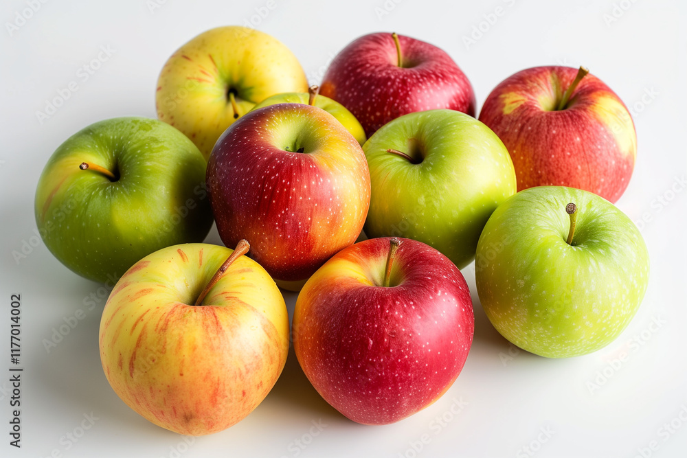 A small cluster of mixed apples in different colors, arranged neatly on a crisp white backdrop. A small cluster of mixed apples in different colors, arranged neatly on a crisp white backdrop.