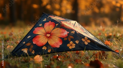 Colorful kite resting on grass in a serene field during sunset hours