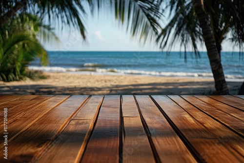Empty rustic wooden table on blur background of beautiful beach for mockup summer product display or travel ad Picnic table with customizable space on tabletop for editing Flawless : Generative AI