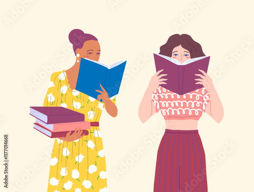 Cartoon Characters Young Women Read Book Set Library Concept Flat Design Style. Vector illustration of Woman Holding Books