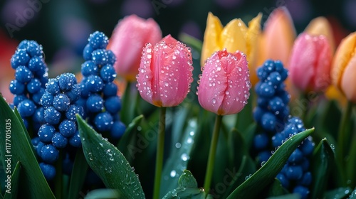 Colorful spring flowers bloom in a well-maintained garden flowerbed showcasin...