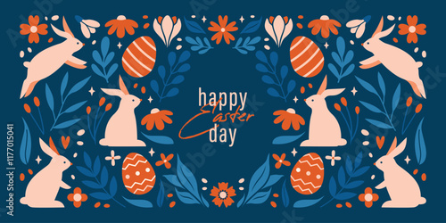 Horizontal Banner to Easter Day with vector cute elements. Illustrations of bunny, rabbit, easter eggs, leaves, plants, spring flowers, typography. Flat Design. Flyer template in modern graphic style.