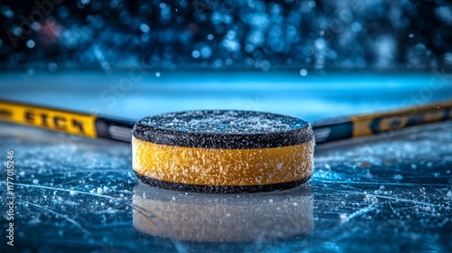 Ice hockey puck resting on frozen surface with blurred lights in the backgrou...