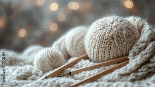 Soft white yarn balls and knitting needles arranged on a cozy knitted blanket...