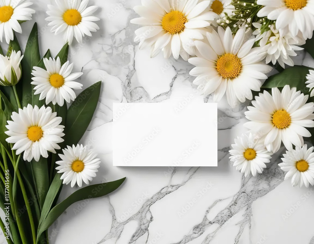 Obraz premium A white blank business card on a background of colorful flowers