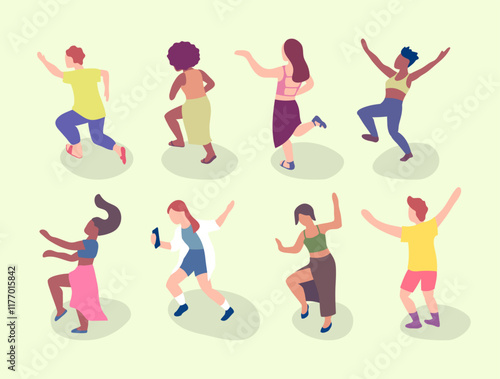 Cartoon Color Different Characters People Dancing on Music Festival or Open-air Concert Set Concept Flat Design Style. Vector illustration