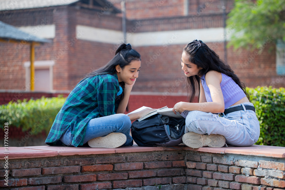 Two Good Looking Females Reading a Notebook in the College Park. Two Good Looking Females Reading a Notebook in the College Park.