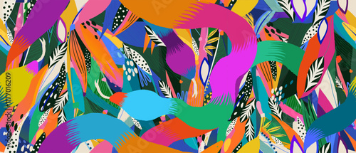 Exotic hand drawn abstract jungle and snakes pattern. Dynamic tropical print. Fashionable unique template for design. 