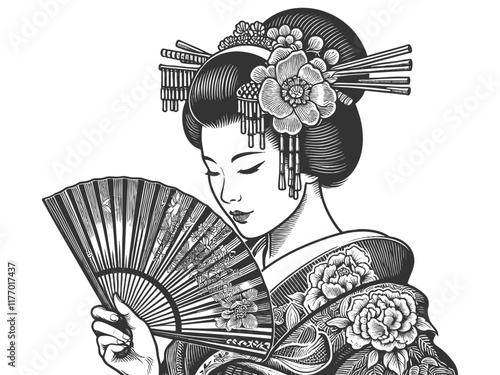  graceful geisha in traditional attire, adorned with flowers and hairpins, holding a decorative fansketch engraving generative ai vector illustration. Scratch board imitation. Black and white image.