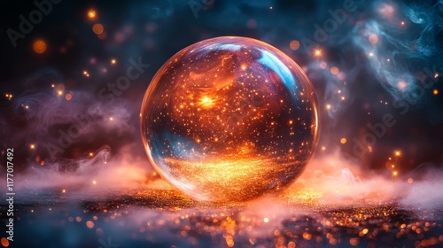 Stunning cosmic orb glowing in pink hues amidst swirling clouds in the night sky
