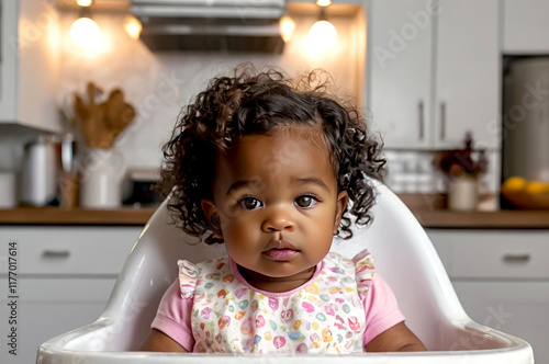 Cute dark-skinned Baby with Curly Hair Sitting in High Chair in Bright Kitchen Setting photo