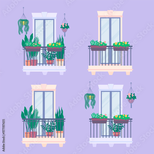 Cartoon Color Urban Architecture Balcony with Plant Set Concept Flat Design Style. Vector illustration of House Exterior Decorated with Plants