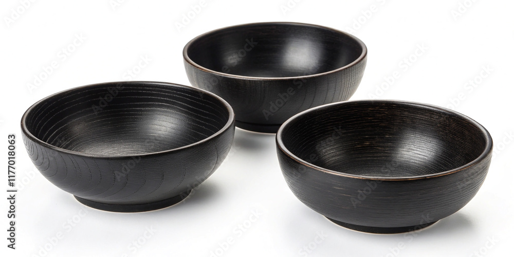 Three Black Wooden Bowls Isolated on a White Background for Elegant Table Settings Three Black Wooden Bowls Isolated on a White Background for Elegant Table Settings