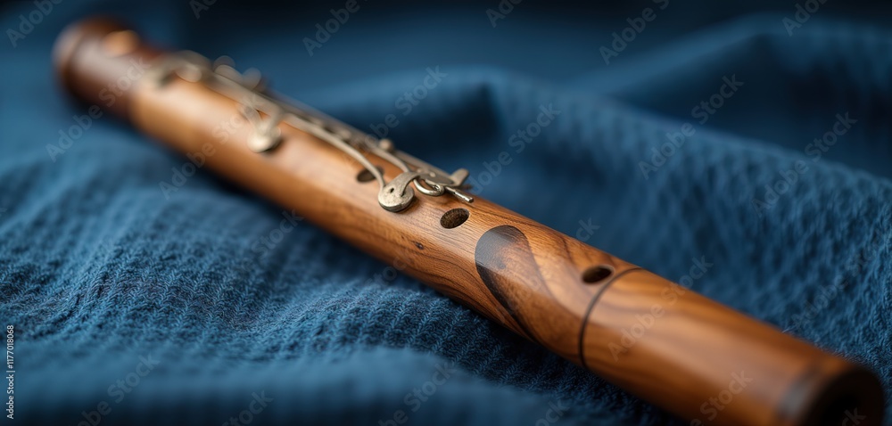 Fototapeta premium Wooden flute on blue fabric background