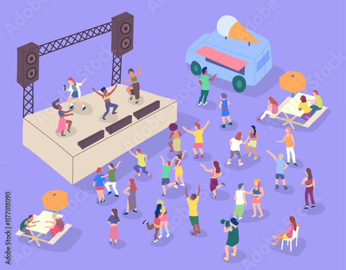 Cartoon Color Band on Stage and Crowd Dancing Street Food Caravan Trailer Around 3d Isometric View Music Festival Concept. Vector illustration