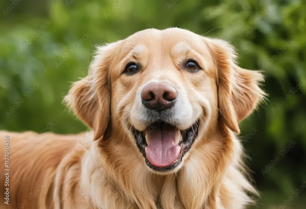 A close-up of a happy golden retriever outdoors, with a big smile on its face A close-up of a happy golden retriever outdoors, with a big smile on its face