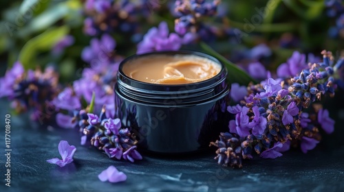 Natural skin care product with rose petals on textured background