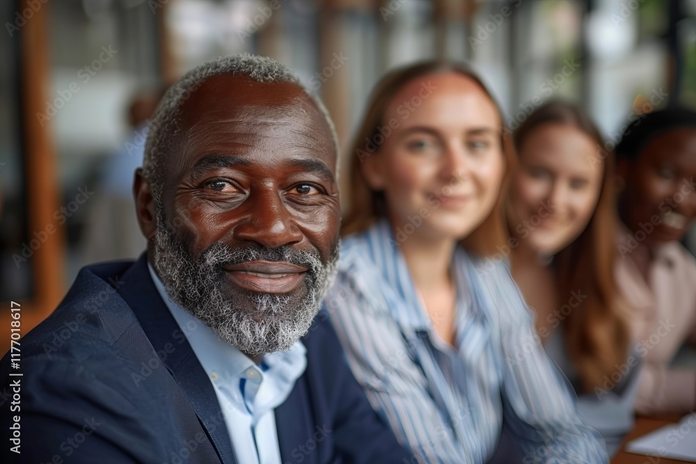 Title: Multicultural Team of Business Professionals, Featuring a Smiling African Man