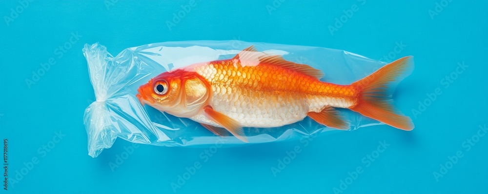 Fototapeta premium Overprotection concept. Goldfish in a clear plastic bag against a blue background.