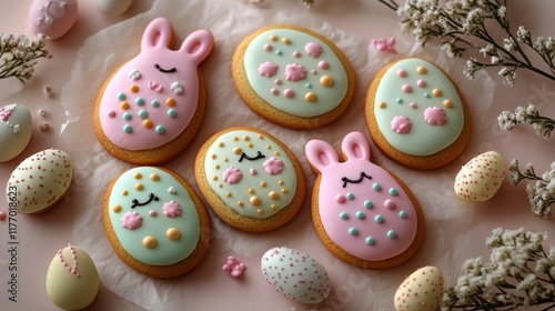 Colorful decorated cookies with cute bunny and egg designs for a festive celebration