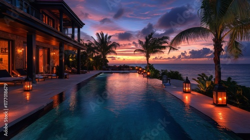 Relaxing evening at a stunning poolside with lanterns and ocean view during s...