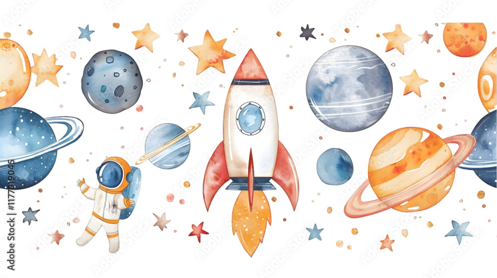 Naklejka premium watercolor seamless border with space rocket, planets and astronaut. cute drawing for children, cartoon. isolated on a transparent background