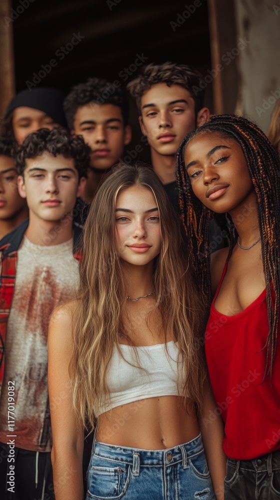 Fototapeta premium Group of young people posing together with friendly expressions in a relaxed setting