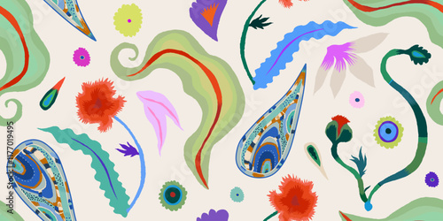 Vibrant exotic hand drawn flowers and paisley pattern. Dynamic hand drawn botanical print. Fashionable template for design. 