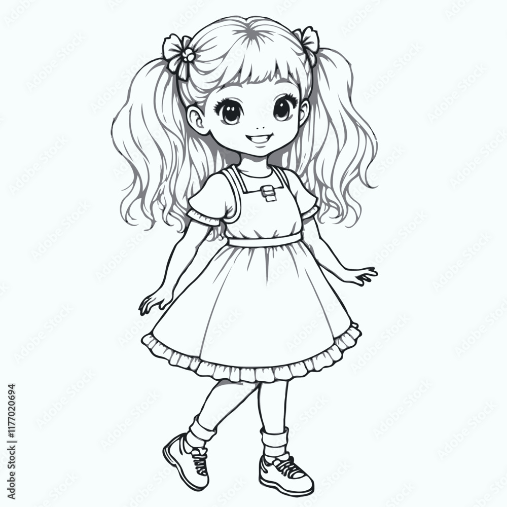 Cute girl with pigtails in a coloring book illustration Cute girl with pigtails in a coloring book illustration