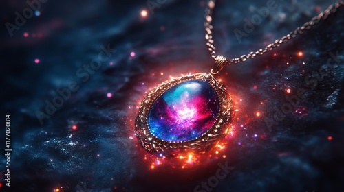 Mystical pendant with glowing blue orb surrounded by mist on dark surface