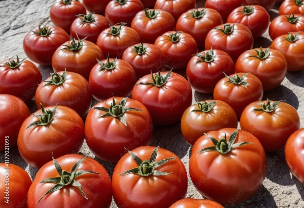 A plate of sliced tomatoes with decorative stone blocks on top A plate of sliced tomatoes with decorative stone blocks on top