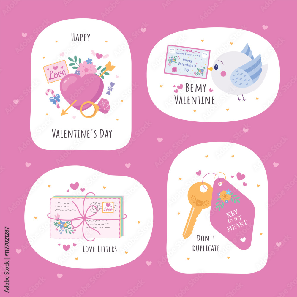 Obraz premium A set of Valentine's Day sticker icons: love letters, keys, a bird, and a heart on a pink background