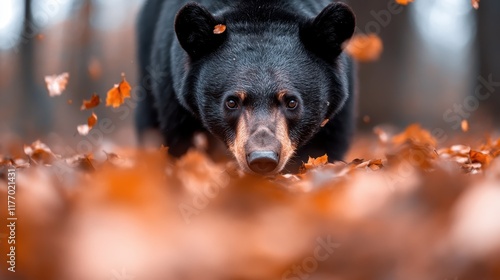 A black bear is camouflaged amidst falling autumn leaves in the forest, exuding strength and curiosity, while the surrounding nature is awash in warm, vibrant hues. photo