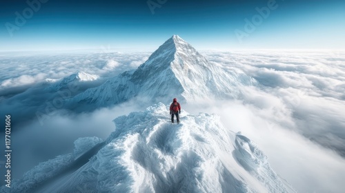 A lone climber wearing a red jacket stands triumphantly at the snowy edge of a mountain, capturing the spirit of adventure and achieving great heights. photo