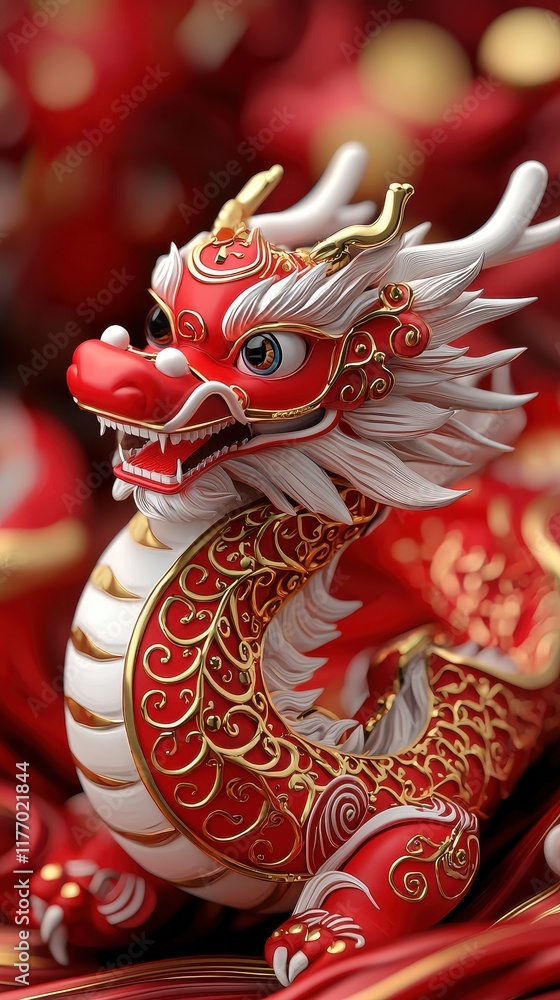 Decorative red dragon statue with intricate details and embellishments. Decorative red dragon statue with intricate details and embellishments.