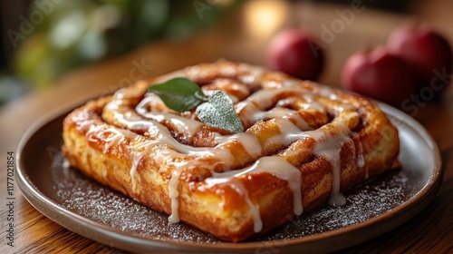 Homemade cinnamon roll cake topped with cream cheese icing and pecans on a ru...