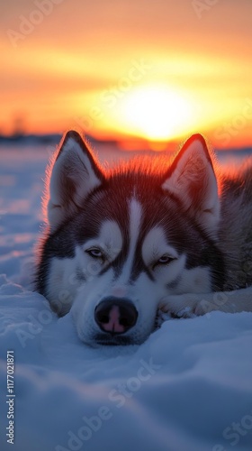 Husky relaxes in the snow during a beautiful sunset in winter landscape