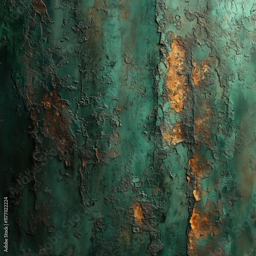 Aged green metal surface with rust and peeling layers of industrial texture photo