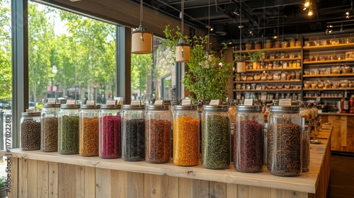 Colorful jars of dried herbs and flowers displayed in a cozy shop interior