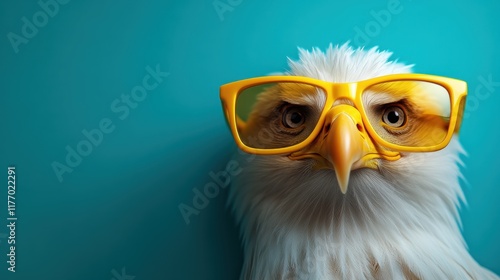 A quirky eagle stands out against a turquoise background, confidently wearing bright yellow glasses, offering a unique blend of sophistication and whimsy. photo