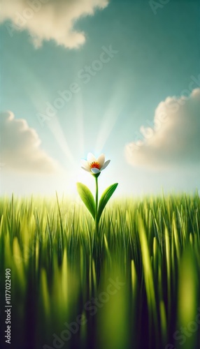 A simple and meaningful spring concept features a single blooming flower sprouting from fresh green.