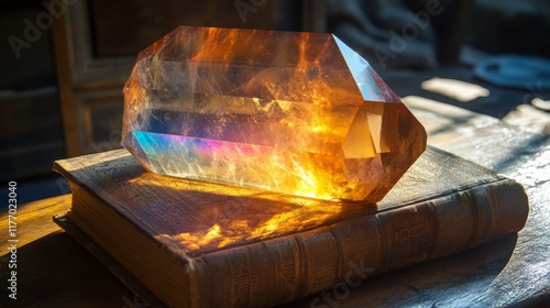 Colorful crystal resting on an old book in warm, natural light