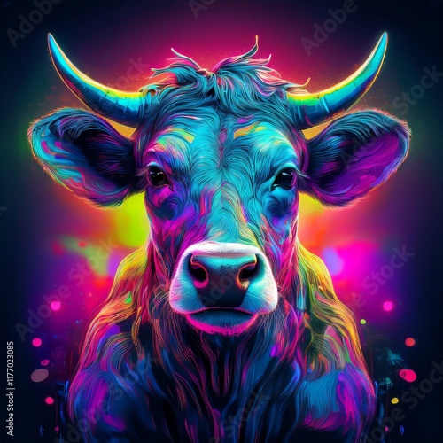 Vivid and colorful digital illustration of a stylized cow, with bright details and a neon effect. Modern and futuristic atmosphere. The design is perfect for creative projects that require a touch and photo