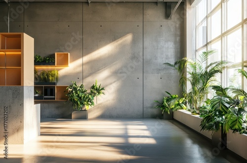 Sunlit industrial loft interior, plants, shelving, design photo